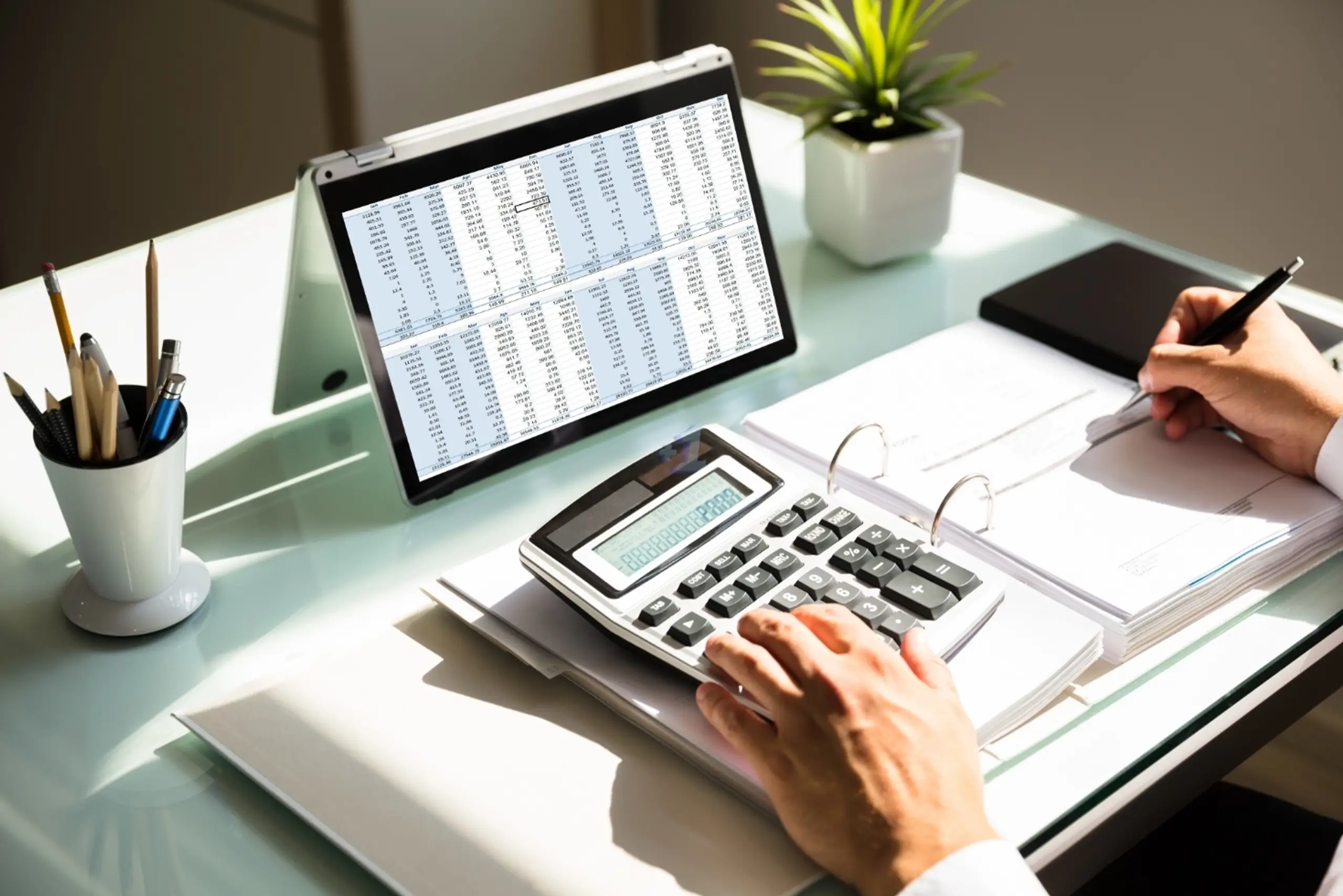 Vast farmland landscape featuring rich brown soil, vibrant green fields, and a bright blue sky, with a gentle horizon line